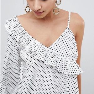 ASOS Polka Dot One Shoulder Ruffle Top, Size 4